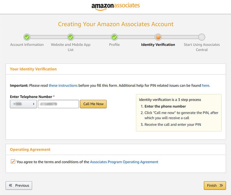 Create a free Amazon affiliate account - Step 8a